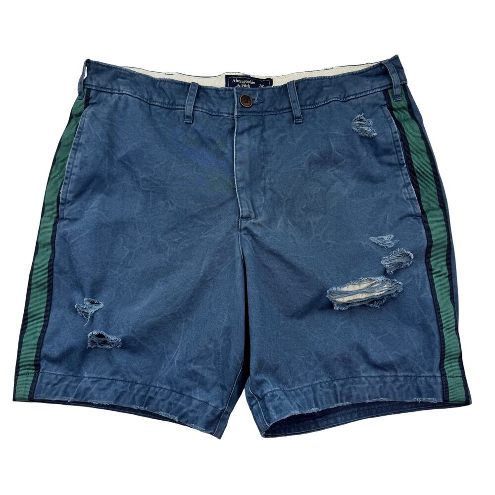 Abercrombie & Fitch Blue Distressed Chino Shorts Green Side Stripe Men's 32